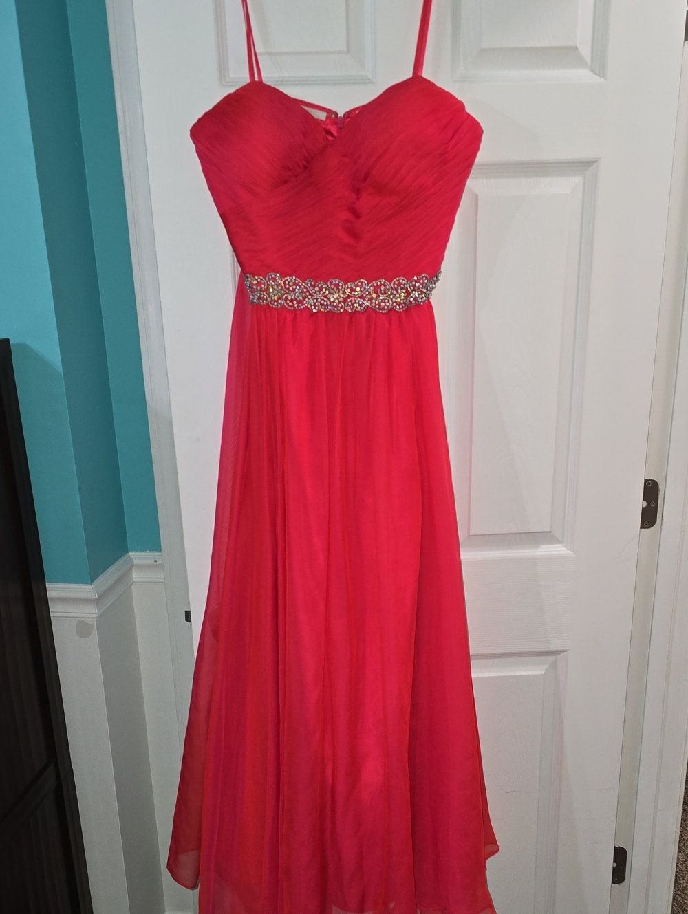 La Femme Hot Pink Beaded Waist Spaghetti Strap Formal Dress
